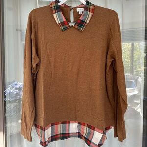 J. Crew Brown Knit with Red Plaid Accent Collar